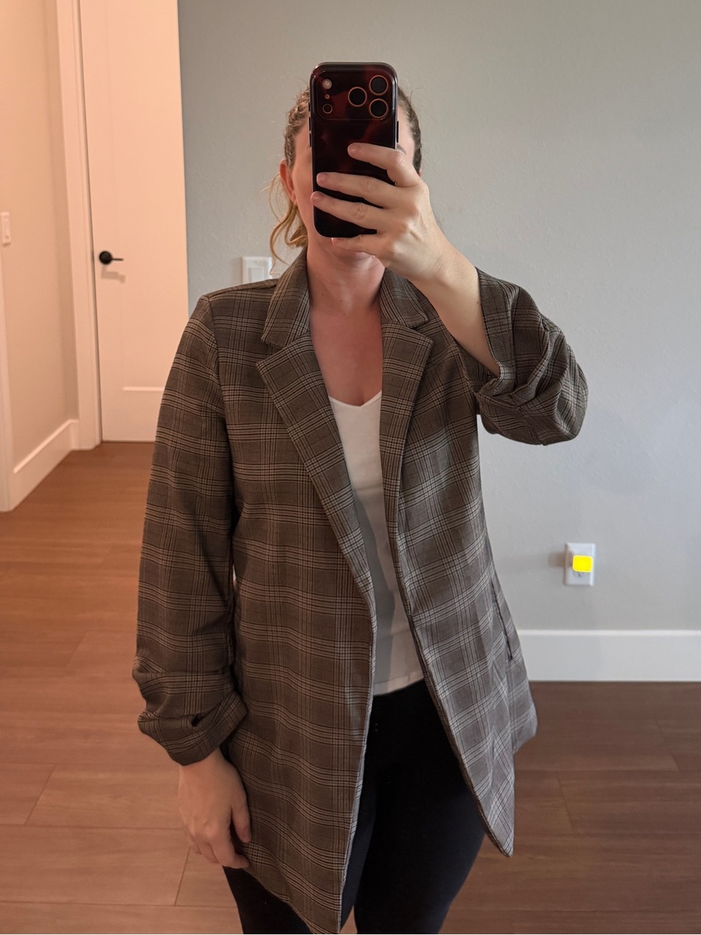 Plaid Open Blazer Jacket in Brown